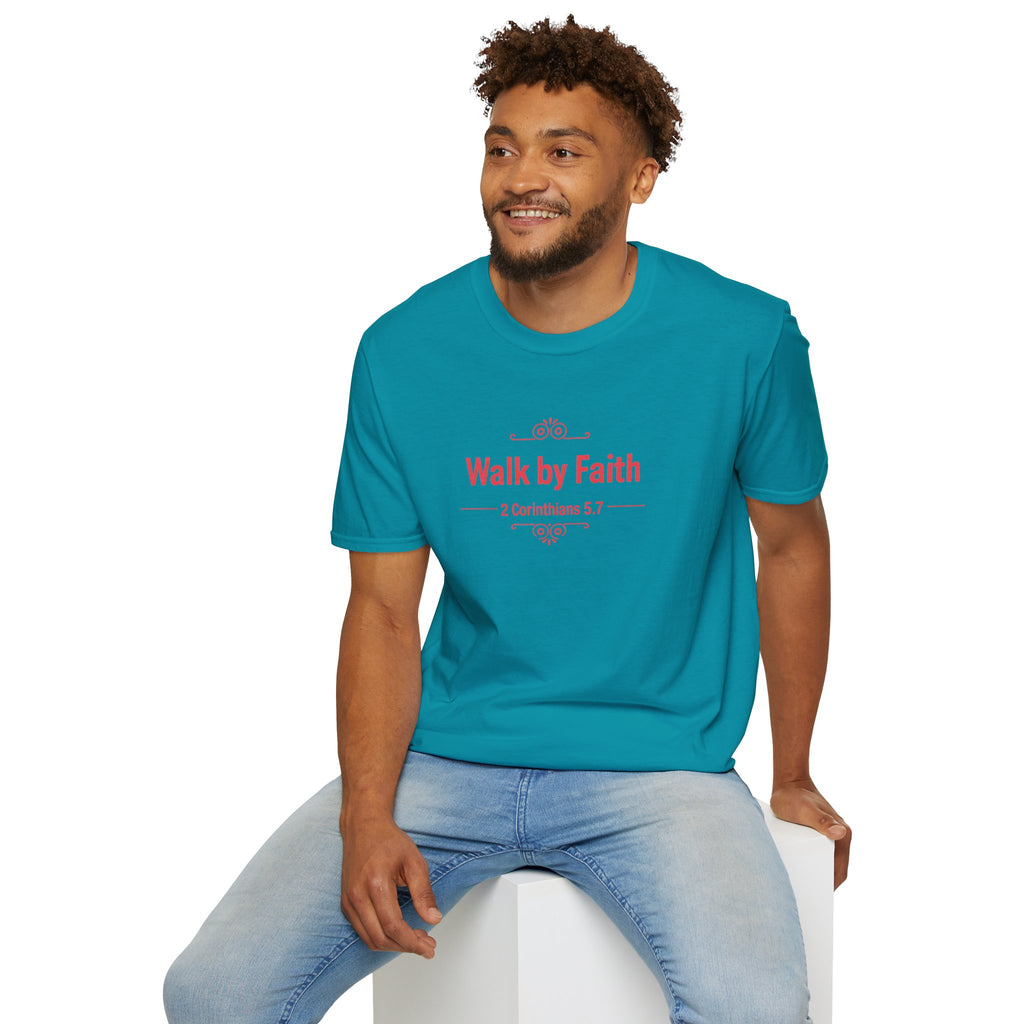 Walk by Faith T-Shirt — 2 Corinthians 5:7 Inspirational Christian Tee