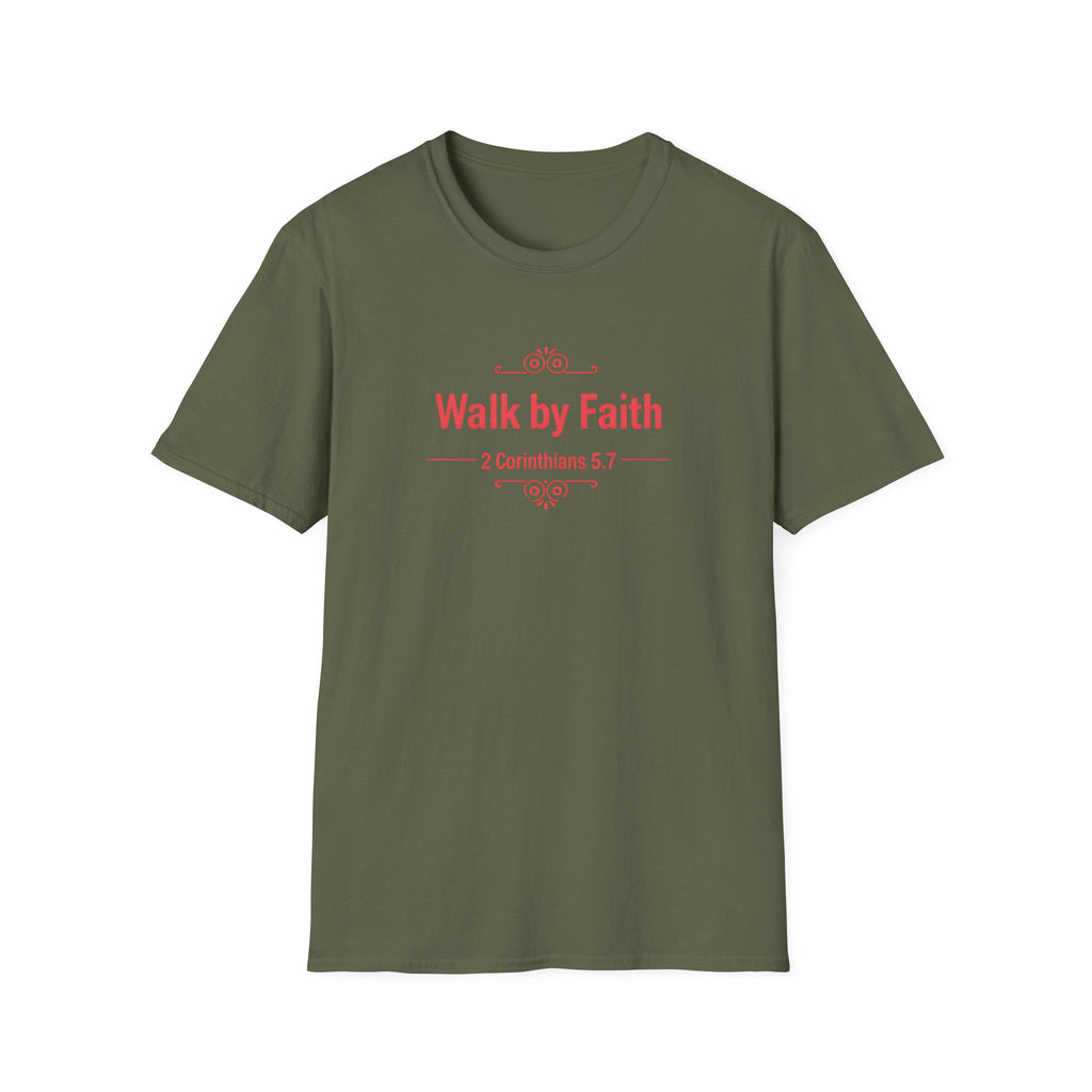 Walk by Faith T-Shirt — 2 Corinthians 5:7 Inspirational Christian Tee