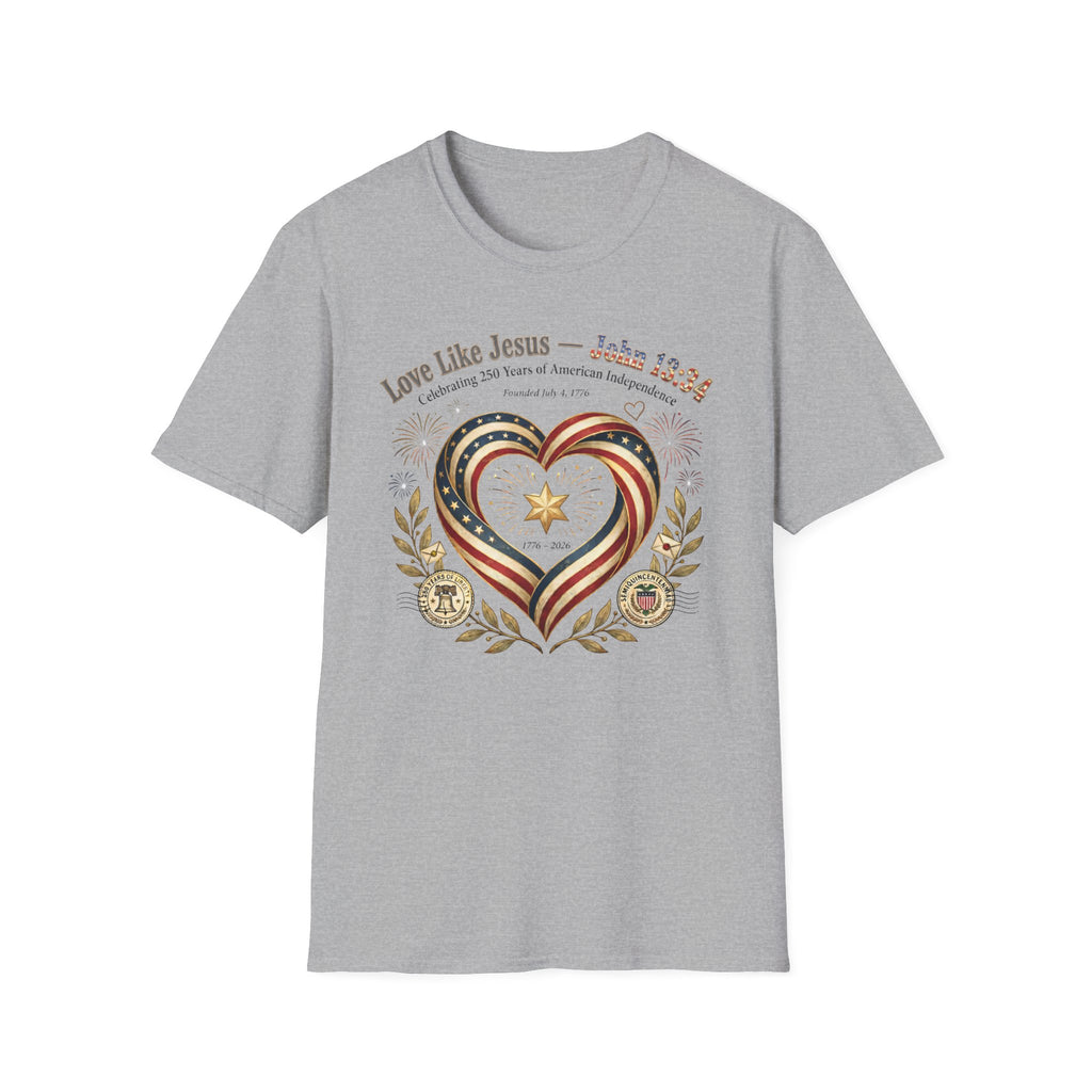 Love Like Jesus T‑Shirt — John 13:34 Patriotic Heart Christian Tee
