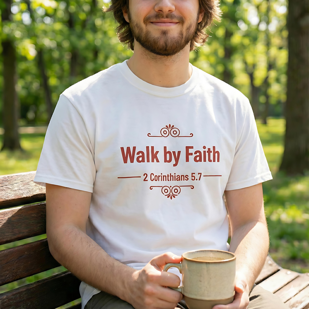 Walk by Faith T-Shirt — 2 Corinthians 5:7 Inspirational Christian Tee