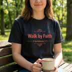 Walk by Faith T-Shirt — 2 Corinthians 5:7 Inspirational Christian Tee