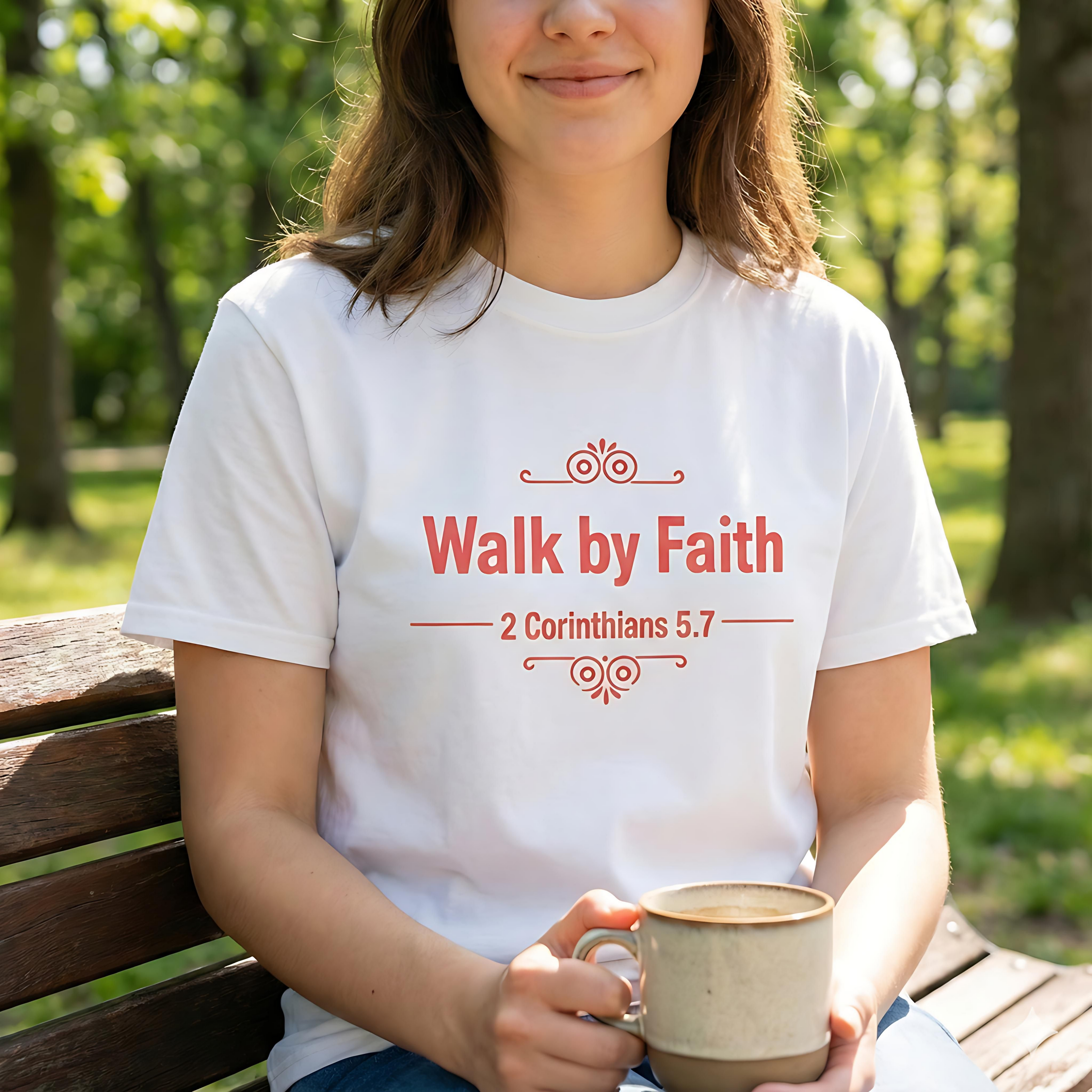 Walk by Faith T-Shirt — 2 Corinthians 5:7 Inspirational Christian Tee